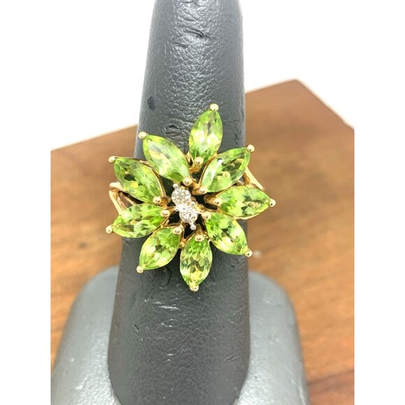 Green Gemstone Diamond Floral Cocktail Ring 14k Yellow Gold Womens Estate Size 7 - Picture 14 of 15